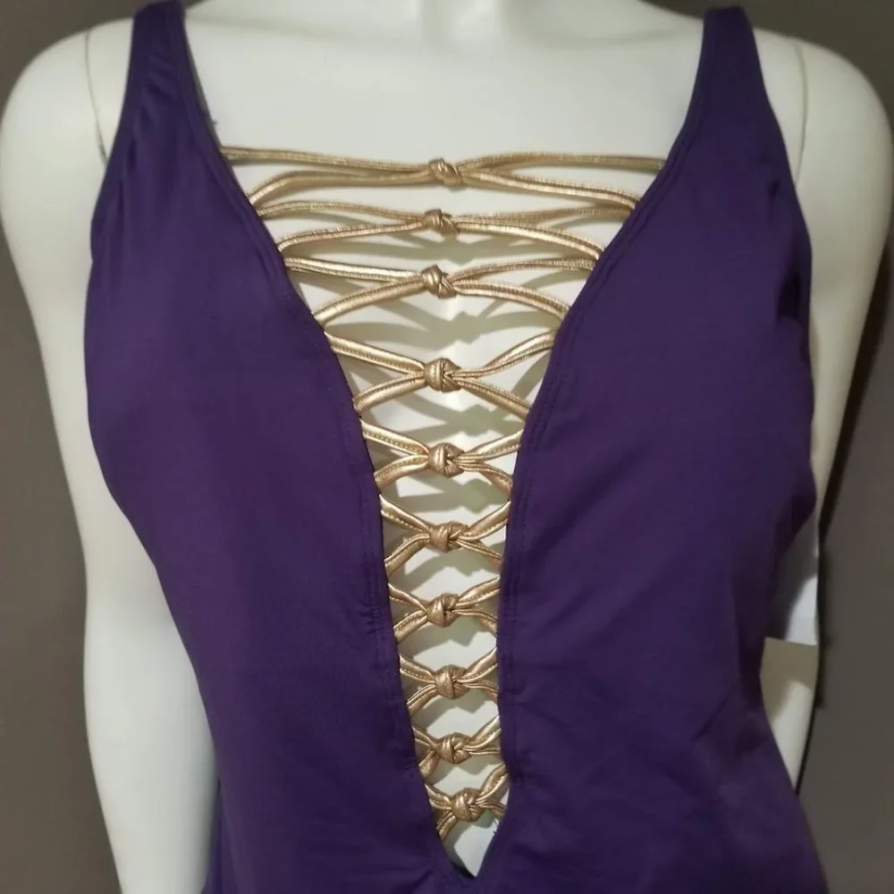 Bleu by Rod Beattie Kore One Piece High Neck Lace Down Swimsuit Purple Size 16W - Picture 3 of 13